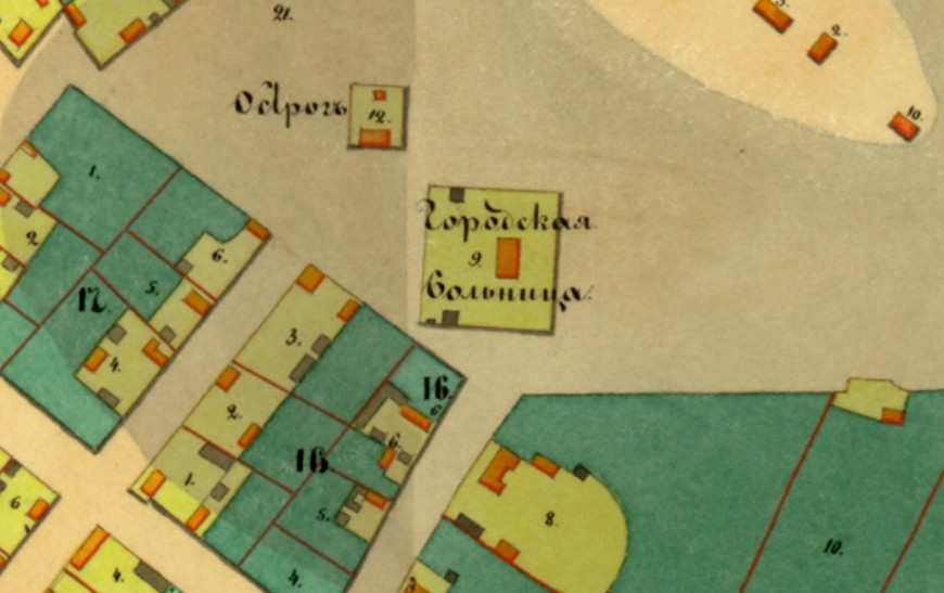 Місце розташування першої земської лікарні на карті 1849 рік.